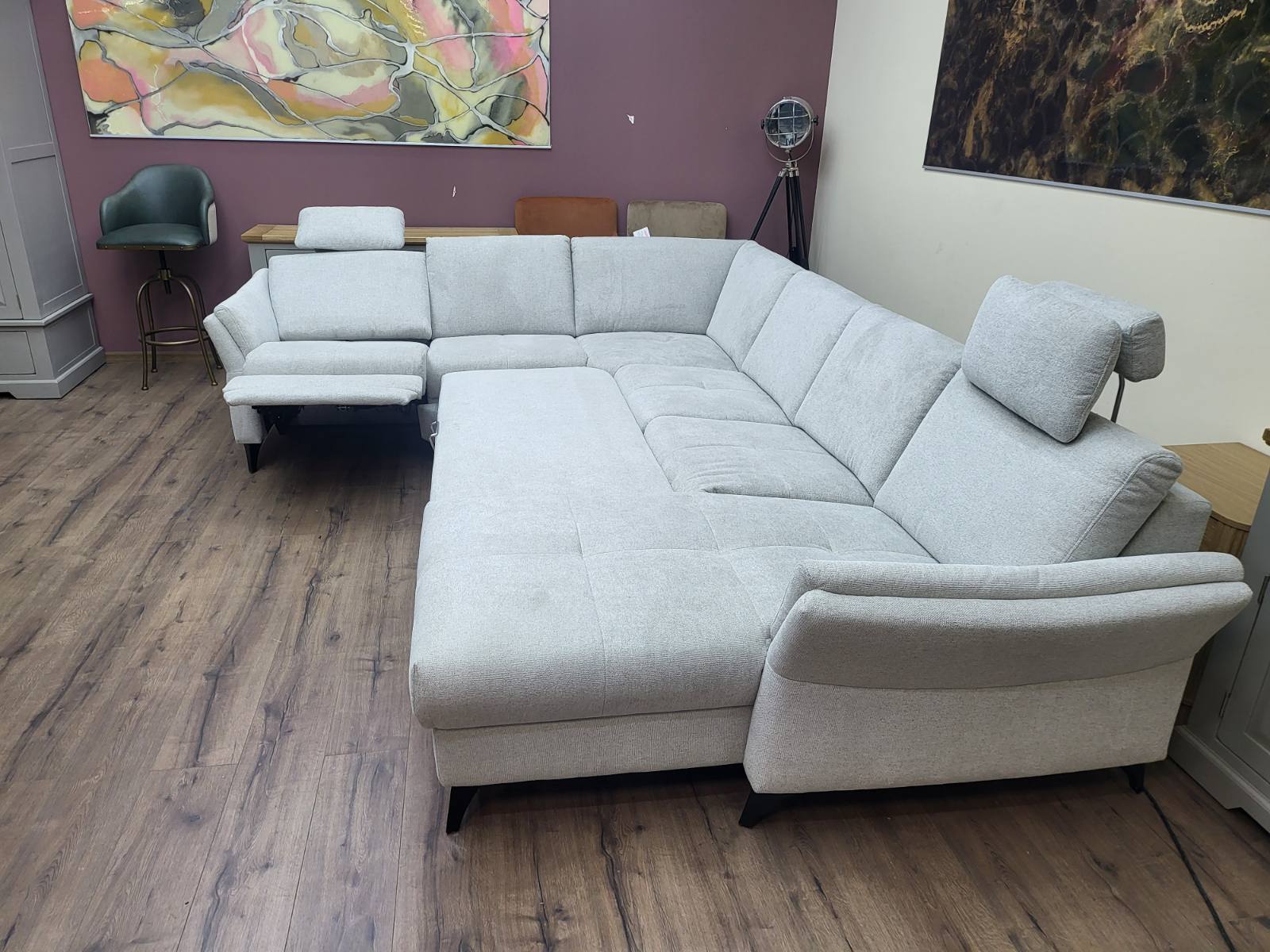 Светло сив П - образен ъглов диван от плат "Dylon" с функция сън и електрически релаксиращ механизъм - Image 2